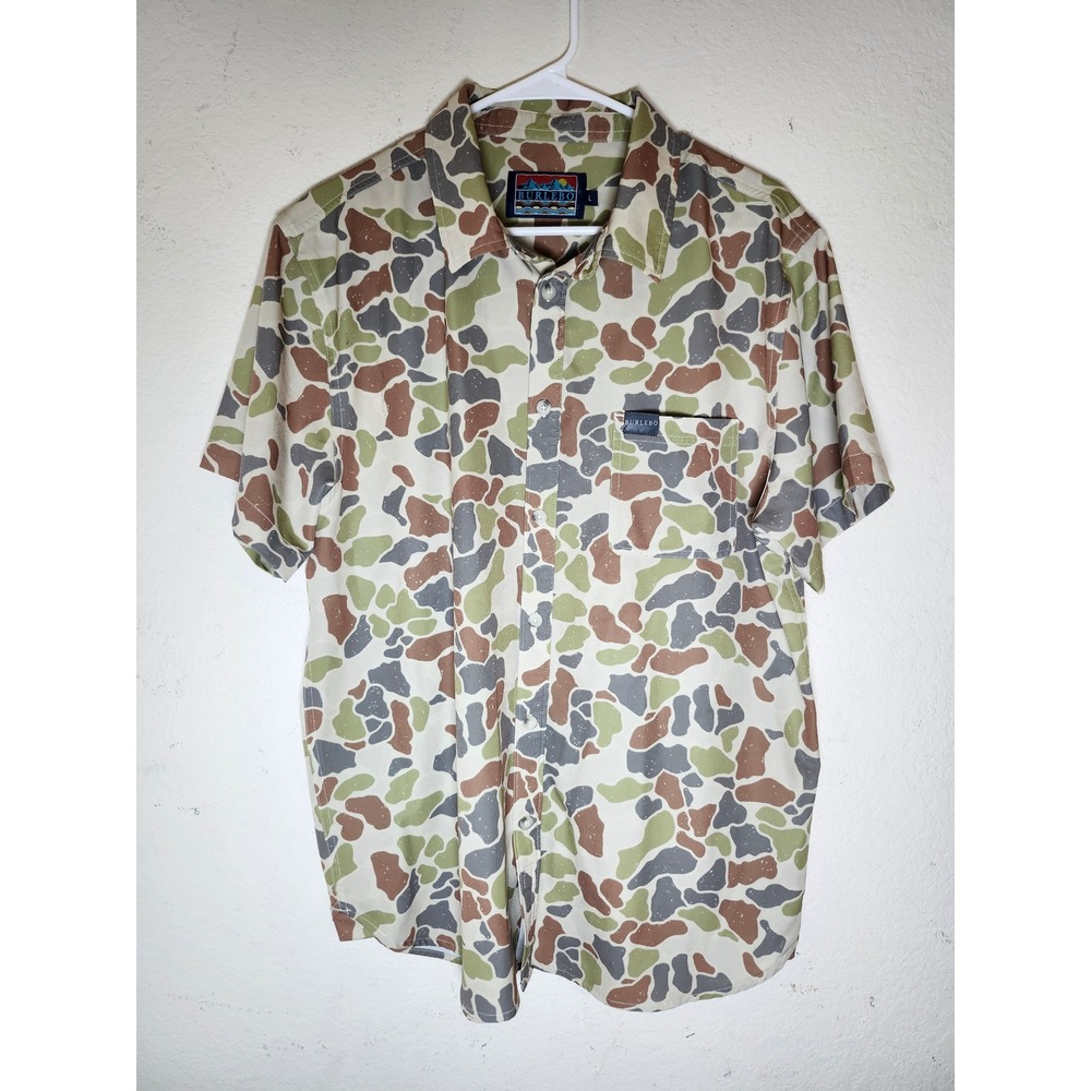 Burlebo Button Up Shirt Men Large Camo Frog Skin Short Sleeve Pocket Outdoor